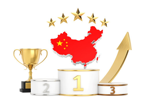 Chinese Economic Leadership, Global Competition, National Achievement And Market Growth Concept. China Flag Map Above Winners Podium, Trophy, Stars And Rising Arrow. 3d Rendering