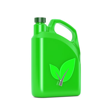 Eco Fuel, Sustainable Packaging, Renewable Energy, Green Chemistry And Environmental Certification Concept. Green Plastic Canister With Leaf Checkmark. 3d Rendering