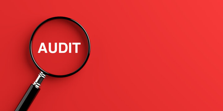 Financial Audit, Corporate Compliance, Risk Assessment, Transparency And Business Inspection Concept. Magnifying Glass Highlights Audit Text With Copy Space. 3d Rendering