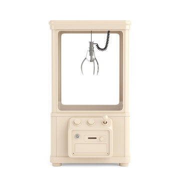 Arcade Gaming, Chance, Luck, Challenge, Prize Entertainment And Reward Concept. Beige Claw Machine With Joystick, Buttons And Metal Grabber On White Background. 3d Rendering