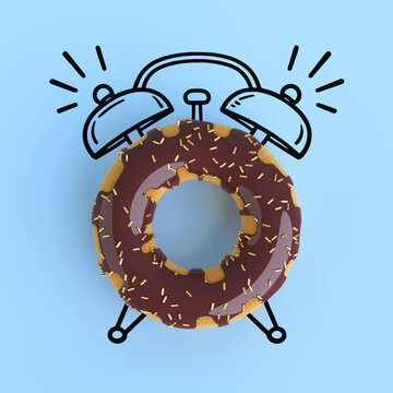 Morning Craving, Sweet Breakfast, Food Temptation, Sugar Habit And Waking Routine Concept. Chocolate Donut With Sprinkles Over Ringing Alarm Clock On Blue Background. 3d Rendering