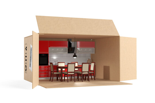Home Moving, Kitchen Relocation, Furniture Delivery, Interior Installation And New Property Setup Concept. Open Cardboard Box Revealing A Furnished Red Kitchen. 3d Rendering