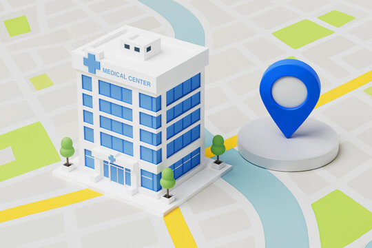 Healthcare Navigation, Hospital Location, Medical Access, Emergency Mapping And Patient Route Planning Concept. Medical Center Beside Blue Location Pin On Stylized City Map Background. 3d Rendering