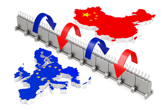 European Union China Trade Conflict, Tariffs, Sanctions, Economic Rivalry And Geopolitical Tension Concept. Flag Maps Divided By Barbed Wall With Exchange Arrows. 3d Rendering