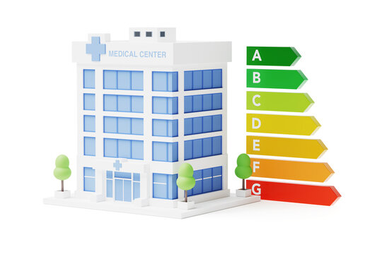 Healthcare Energy Efficiency, Sustainable Hospital Operations, Environmental Compliance And Cost Reduction Concept. Medical Center Beside A To G Efficiency Scale. 3d Rendering