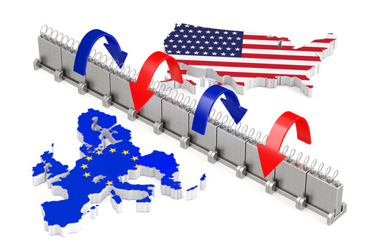 Transatlantic Trade Conflict, Tariffs, Sanctions, Economic Rivalry And Geopolitical Tension Concept. USA And Europe Flag Maps Divided By Barbed Wall With Exchange Arrows. 3d Rendering