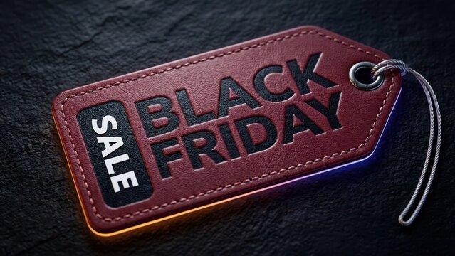 Embossed dark red leather sale tag with black friday text on textured stone background