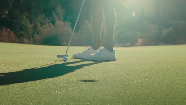 Golfer makes 10 foot putt with backlit sun flare on a desert green in slow motion, great for golf promos, victory moments, and sports marketing.
