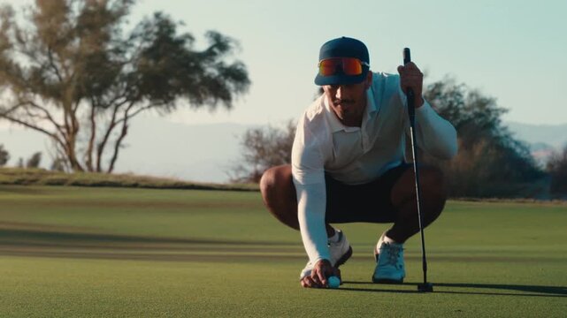 A golfer crouches to read the green and line up a putt in warm golden-hour light, filmed in slow motion, great for focus, strategy and golf instruction content.