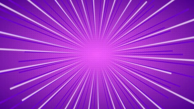 Purple comic book speed lines background. Radial zoom lines and halftone dot pattern in anime style.