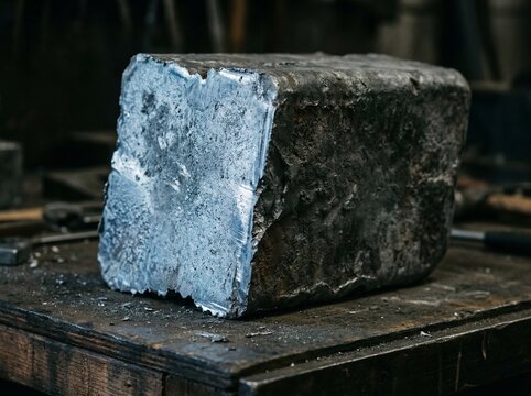 Heavy raw industrial metal block ingot on messy workshop table