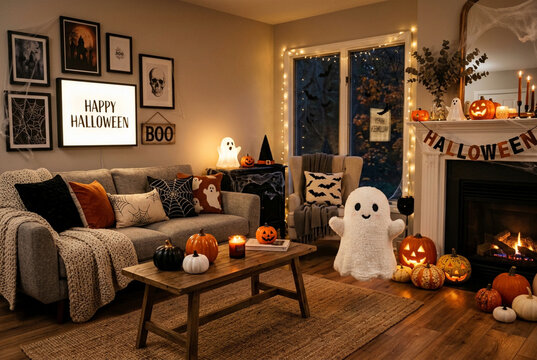 Cozy Living Room Decorated for Halloween With Pumpkins Ghost Lights and Autumn Leaf Garland
