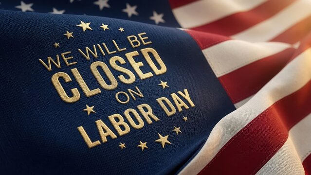 Gold embossed "we will be closed on labor day" text over rippled american flag with stars and stripes