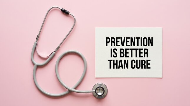 Medical stethoscope placed beside a white card with text about health prevention on pink background
