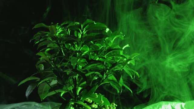 Environmental pollution. Greenhouse effect. Global warming. Ecology damage. Bonsai tree growing under polyethylene corrugated pipe blowing blur green mist on dark background.