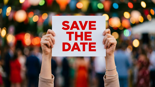 Hand holding sign with save the date text against blurred party lights with against bokeh background holding white card card red communication