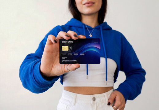 Hand Holding Credit Card Mockup with Female Model