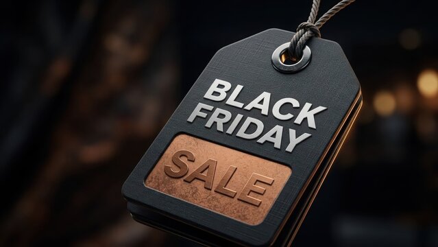 Metallic silver and bronze black friday sale tag hanging on dark blurred background