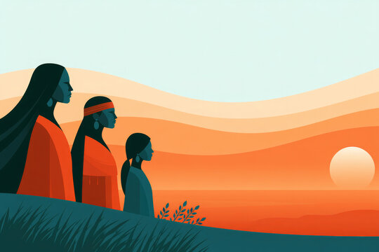 Three Indigenous Women Standing Together at Sunset Landscape