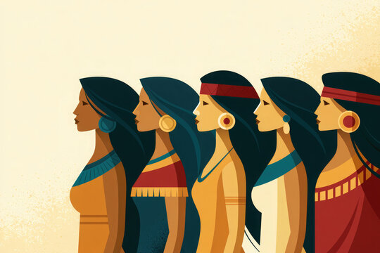 Row of Indigenous Women in Colorful Traditional Dress Illustration