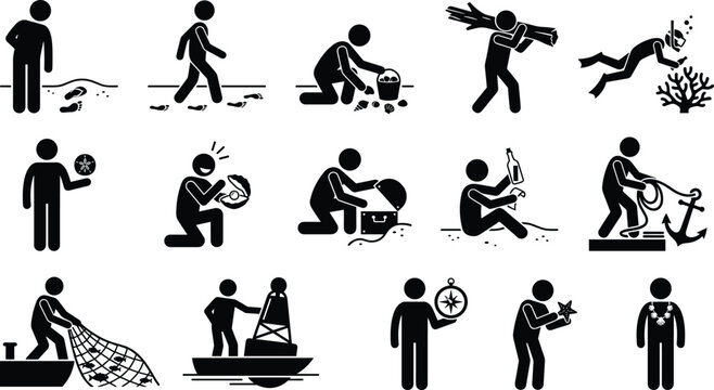 Set of stick figure icons depicting beach activities, sea exploration, finding treasures, and marine life