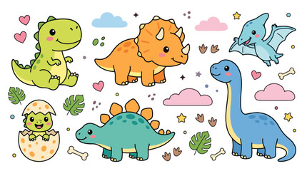 Colorful baby dinosaurs with egg and bone illustrations. © Ambon