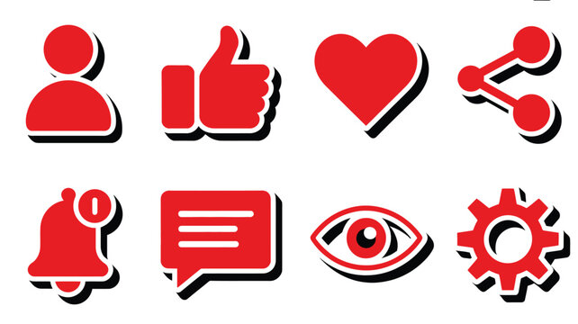 Social Media Icon vector illustration featuring eight red platform symbols for website application user interface digital communication and online networking