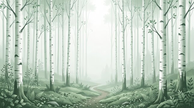 Minimalist soft green birch tree forest vector style illustration with quiet winding path