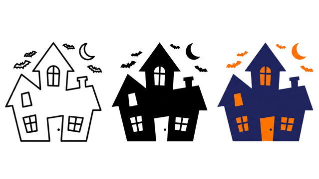 Three different styles of haunted houses for Halloween. One is an outline, one is a black silhouette, and the last is a blue and orange illustration with bats and a crescent moon