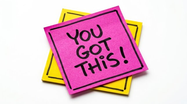 Bright pink sticky note with encouraging handwritten text layered over a yellow square paper sheet