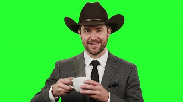 Video, close-up, a man drinking coffee or tea while wearing formal attire and a cowboy hat, green screen, employee activities 