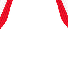 Red and white stage curtains opening on a clean white background, providing ample copy space