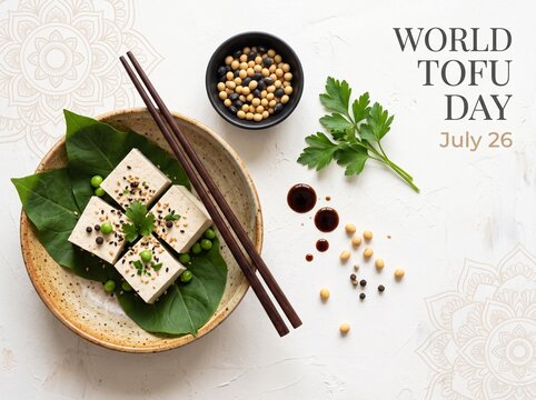 World tofu day celebration poster design featuring fresh soy bean cubes on a decorative plate with chopsticks and minimalist traditional asian graphic .