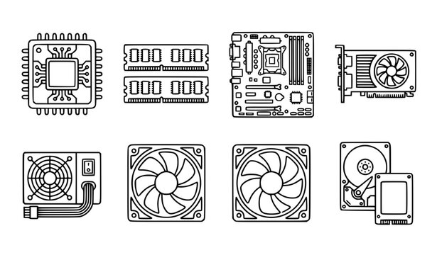 Computer hardware components thin line icon set editable stroke processor ram vector