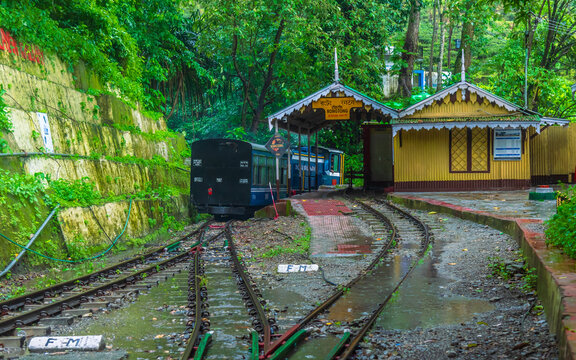 June 06,2026.  This scene shows the Darjeeling Himalayan Railway, commonly known as the "Toy Train". passing the UNESCO World Heritage listed Rongtong Railway Station in the Darjeeling district of Wes