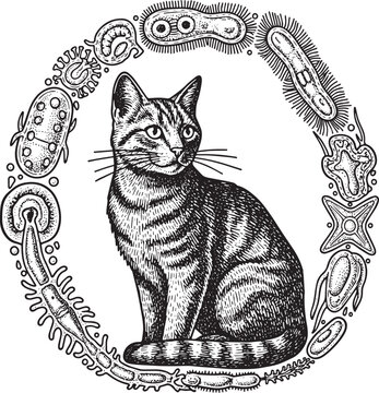 Engraved Illustration of a Striped Cat Surrounded by Microorgani