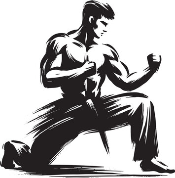 Dynamic brushstroke illustration of martial artist in action pos