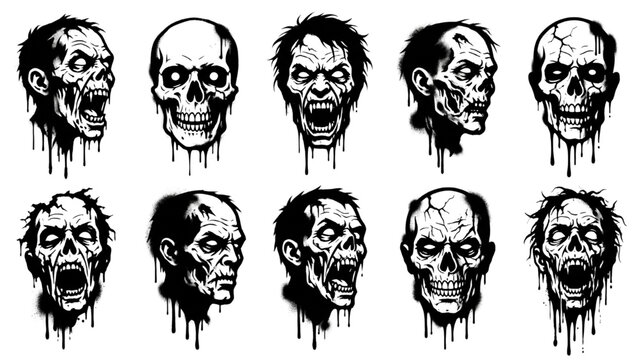 A collection of ten horrifying zombie heads, depicted in a graphic, illustrative style with dripping effects