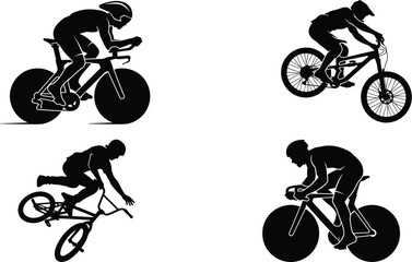 Obraz premium Set of Cycling Silhouettes Featuring Road Racing Mountain Biking and Extreme BMX Stunt Riders
