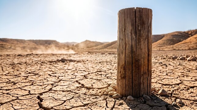 Drought climate change concept with cracked dry earth and weathered wooden post symbolizing prolonged water scarcity and environmental degradation