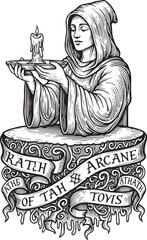 Fototapeta premium Engraved illustration of hooded woman holding a candle with arca
