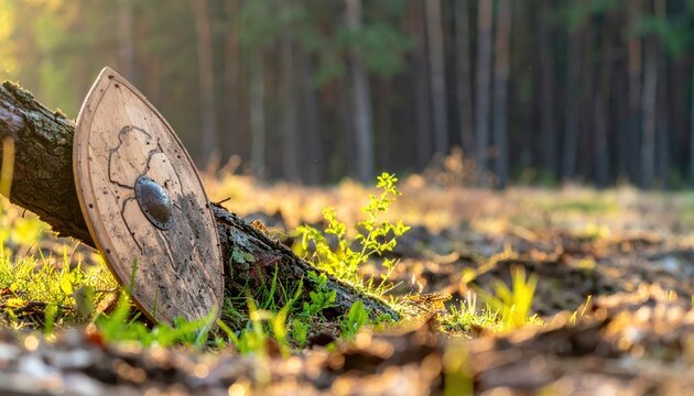 Ancient Viking Shield Resting Against Fallen Tree in Sunlit Forest Clearing