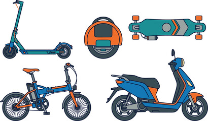 Set of Modern Personal Electric Mobility Vehicles Including Scooters Bikes and Boards © MstRupali