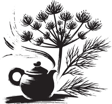 Minimalist sumi-e illustration of Fennel Tea with Teapot in mono