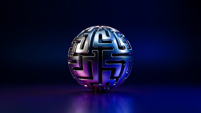 Futuristic metallic sphere with glowing geometric pattern on dark blue background