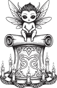 Enchanting woodcut of a winged imp resting atop an ancient scrol