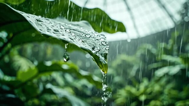Watching heavy downpour inside botanical dome, clean raindrops fall on big green leaf during summer storm, natural environment with tropical plants inside glass orangery gives peaceful mood