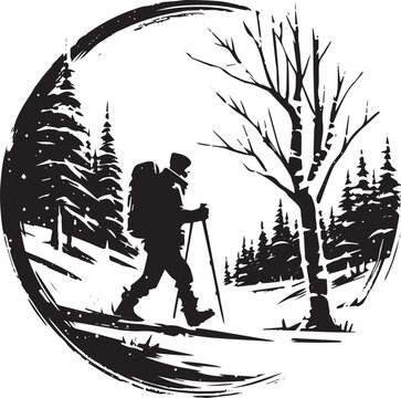 Solitary hiker trekking through a snow-covered woodland in minim