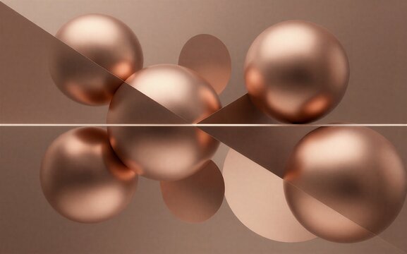 Shiny copper spheres float across a soft, warm-toned abstract background.