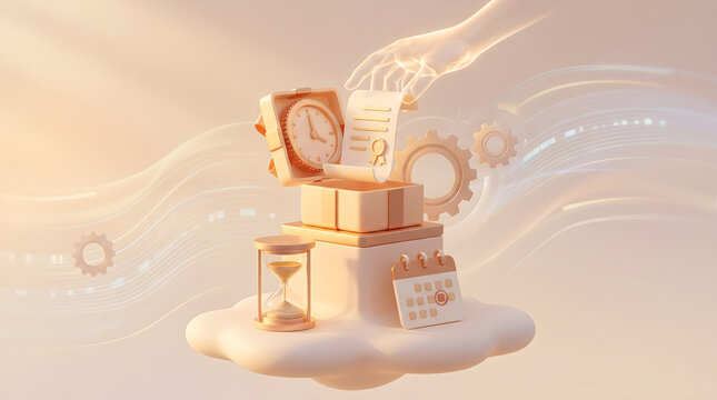 3D illustration of transparent hand holding document scroll next to clock inside box above hourglass and calendar on floating cloud platform time management concept